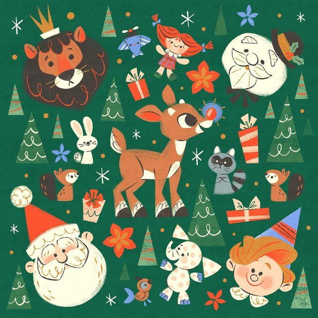 a christmas card with cartoon animals and trees