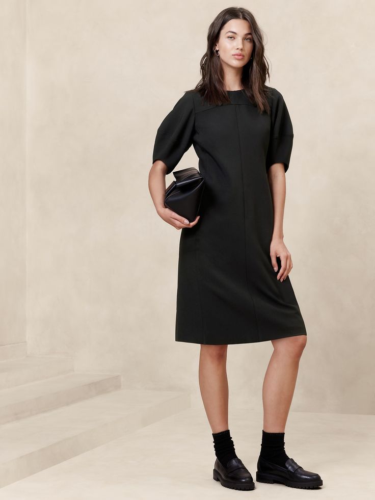 Lantern-Sleeve Knee-Length Dress | Banana Republic Factory Structured Dresses For Fall, Seamed Knee-length Dress For Work, Knee-length Seamed Workwear Dress, Modern Fall Workwear Dresses, Seamed Midi-length Workwear Dresses, Seamed Midi Dress For Work, Seamed Midi Length Work Dresses, Seamed Fitted Midi Dress For Work, Fall Office Dresses With Structured Shoulders