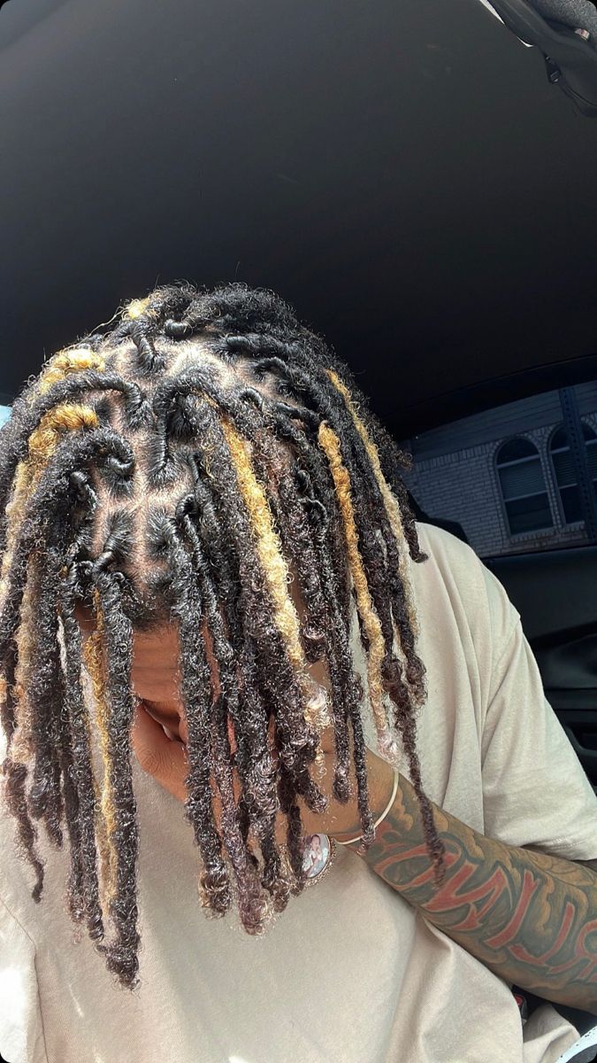 Dread Highlights Men, Colored Dreads Men Dreadlocks, Dreads With Dyed Tips, Hair Dye Ideas Men Dreads, Dyed Locs Ideas Men, Color Dreads Black Man, Full Head Locs Men, Middle Part Dreads, Dyed Dreads Men Tips