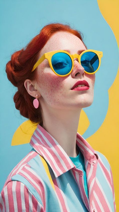 a woman with red hair wearing yellow sunglasses