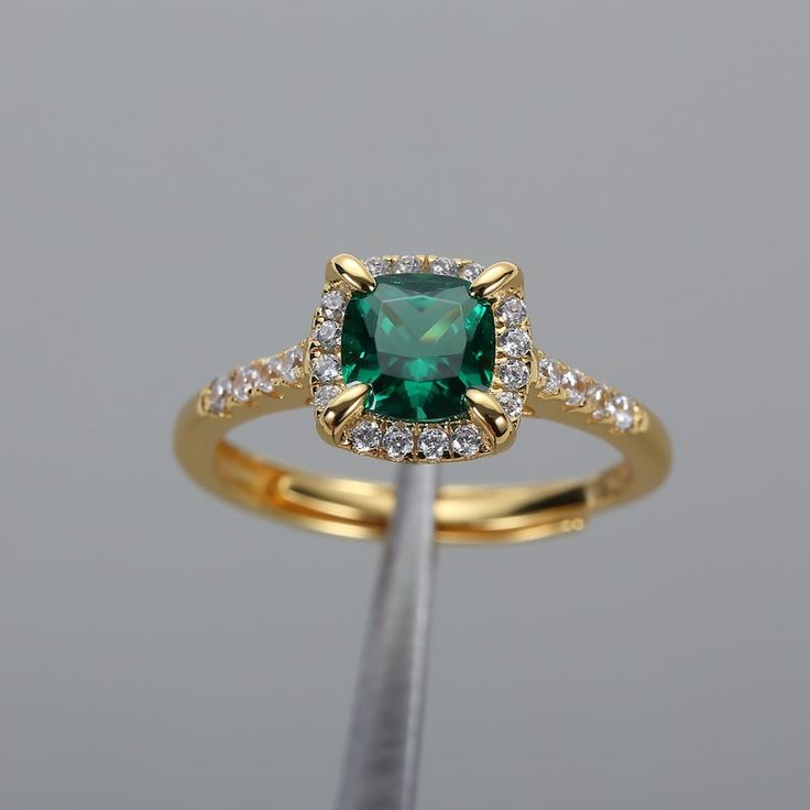 Vintage Emerald Ring Square Emerald Engagement Ring | Etsy Gem Engagement Rings, Halo Engagement Ring Emerald, Elegant Life, Dream Rings, Emerald Ring Engagement Diamond, Emerald Ring Vintage, Ring Square, Temple Jewelry, Emerald Ring Gold