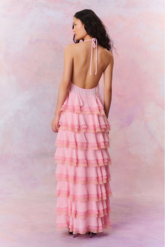 Monceau Dress- Women's Designer Luxury Dresses | LoveShackFancy Elegant Pink Halter Dress With Spaghetti Straps, Chic Pink Halter Dress For Wedding, Pink Beach Dresses With Ruffled Straps, Pink Feminine Maxi Dress For Prom Season, Elegant Pink Backless Halter Dress, Feminine Pink Maxi Dress For Prom Season, Pink Backless Halter Dress For Evening, Pink Feminine Tiered Maxi Dress, Pink Fitted Feminine Halter Dress