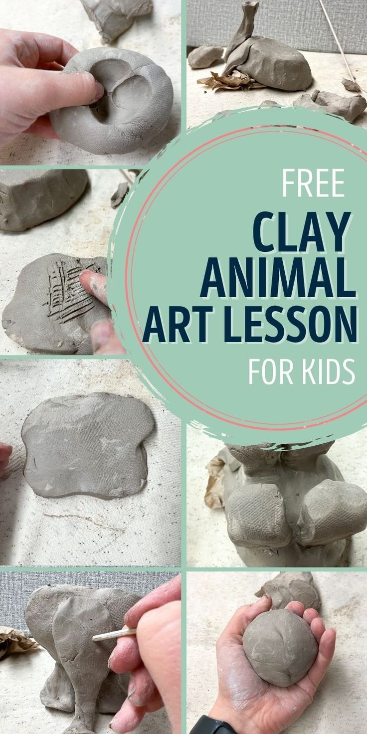 collage of clay animal images with text overlay free clay animal art lesson for kids. Pottery Ideas For Kids, Ceramic Clay Projects, Clay Lesson Plans, Animal Pinch Pots, Easy Air Dry Clay Projects, Easy Clay Ideas, Pinch Pot Animals, Easy Air Dry Clay, Clay Elephant