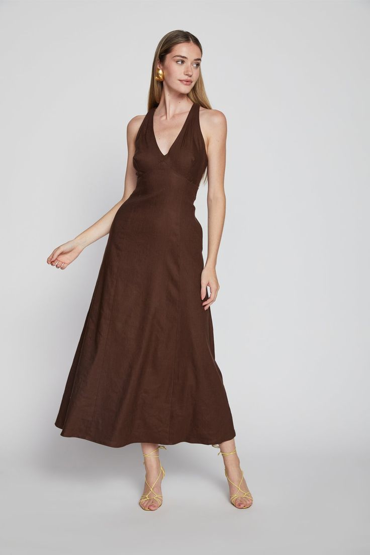 Midi length linen dress with front v-neck detail and cross back. Perfect to wear dancing or to go on holiday. A breathable fabric that's flows with every move. Brown Midi Dress, Long Sundress, Wedding Site, Going On Holiday, Jacket Brands, On Holiday, White Shop, Linen Dress, Go On