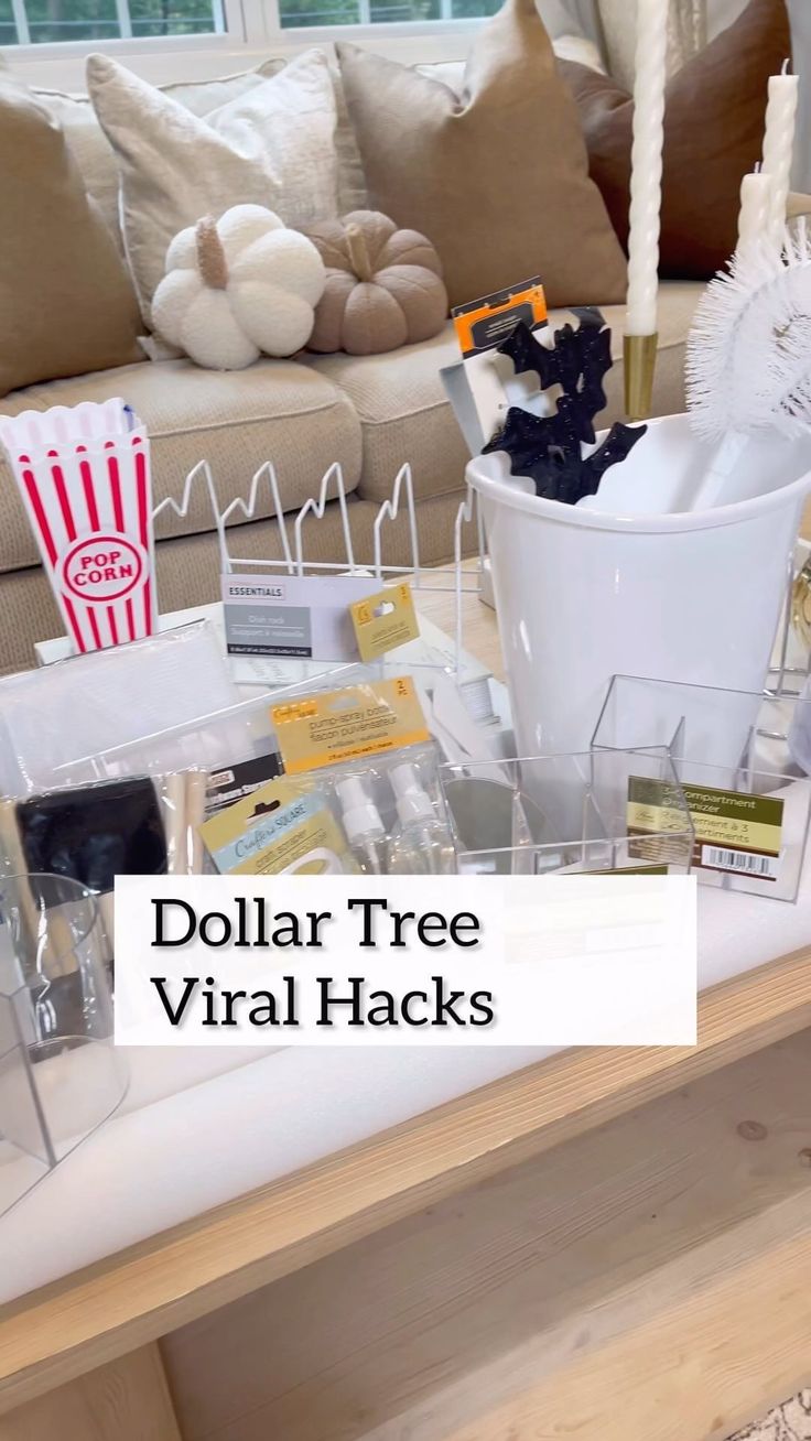 dollar tree virtual hacks on a coffee table in front of a couch with popcorn bags and other items