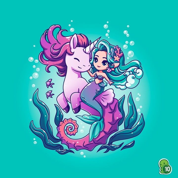 the little mermaid and her unicorn are hugging under the seaweed, surrounded by bubbles