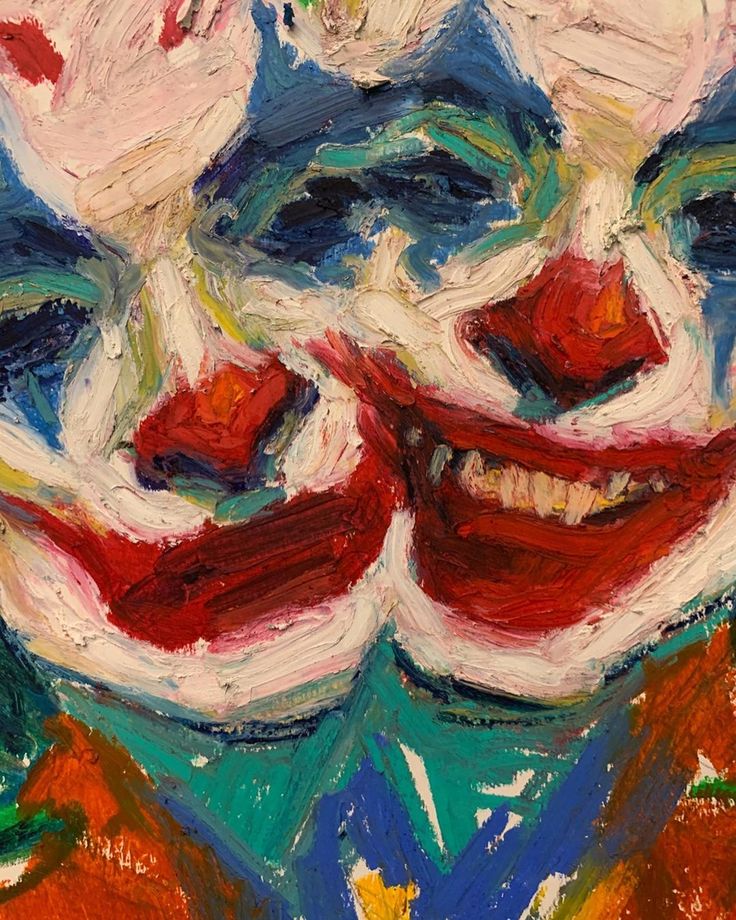 an abstract painting of two clowns with red, white and blue faces