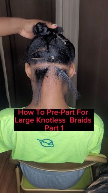 Hairstylist & Nail Tech -MD, DC, VA on Instagram: "🚩How To Pre-Part For Large Knotless Braids 🚩Save and Try For Later. Follow To See A Continuation For Part 2. Did this help? Comment Below👇🏽Follow For More hair tutorials. 💎PART FROM EAR TO EAR ( Nape Area)❗️ 💎PART FROM EAR TO EAR ( Crown Area) 💎THEN MAKE A MIDDLE PART. 🚩IN THE NAPE AREA. IT SHOULD BE 2 ROWS. THE FIRST ROW SHOULD HAVE 2 BOXES FOR LARGE BRAIDS. 🚩 ❗️Are you having trouble braiding? ❗️Do you want to learn how to Twists? ❗️I Large Parts Box Braids, Knotless Braids Large Parts, Large Knotless Parting, Parting For Large Knotless Braids, How To Part For Knotless Braids, Large Knotless Box Braids Parting, Curly Black Hairstyles, Large Braids, Hairstyle Trending