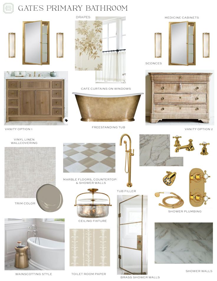 a bathroom design board with gold fixtures and white walls, including an antique bathtub