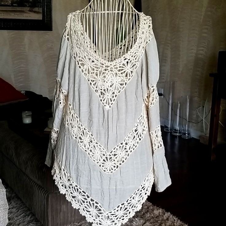 This Tunic Is Easy To Wear With Jeans Or Your Favorite Bathing Suit Or Just Shorts Under It. Cute Any Way You Wear It Bohemian Beach Blouse With Lace Patchwork, Bohemian Lace Patchwork Blouse For Beach, Beige Long Sleeve Lace Top For Summer, Summer Beige Lace Patchwork Blouse, Summer Beige Blouse With Lace Patchwork, Beach Beige Lace Top With Lace Trim, Beige Bohemian Lace Top For Vacation, Bohemian Beige Lace Top For Vacation, Beige Lace Trim Top For Beach