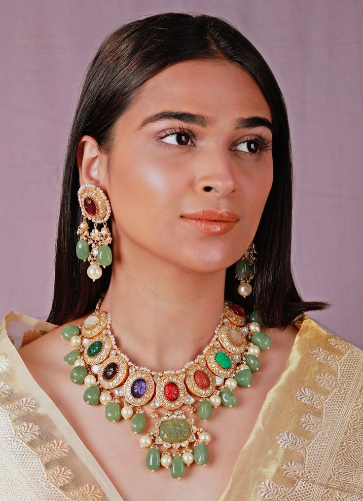 Navratna Choker Necklace Set Riana by Shikha Jindal - Fabilicious Fashion Green Fusion Temple Necklace For Celebrations, Green Kundan Temple Necklace With Gemstone, Green Kundan Necklace With Gemstones For Diwali, Green Kundan Necklace With Gemstone, Green Gemstone Kundan Necklace For Diwali, Traditional Green Gemstone Beads And Cabochons, Traditional Green Gemstone Beads, Green Fusion Style Necklace For Diwali, Fusion Style Green Temple Necklace For Festive Occasions