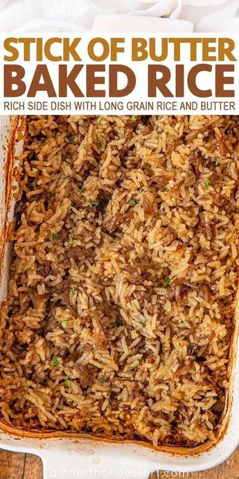 a casserole dish filled with rice and meat in a white baking dish on top of a wooden table