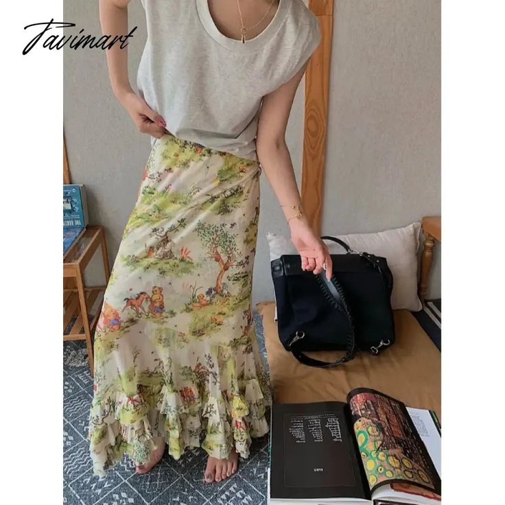 TAVIMART Japanese Cartoon Printing Cute Mesh Mid-length Skirt Women Summer New High Waist All Match Casual Pleated A-line Skirt There may be errors in manual measurement, 1-3cm error is normal. The color in the image could look slightly different from the actual product. 1152484394 Chiffon Floral, Custom Made Clothing, Japanese Cartoon, Floral Midi Skirt, Mid Length Skirts, Skirt Women, Summer Fabrics, Women's Skirts, Floral Chiffon