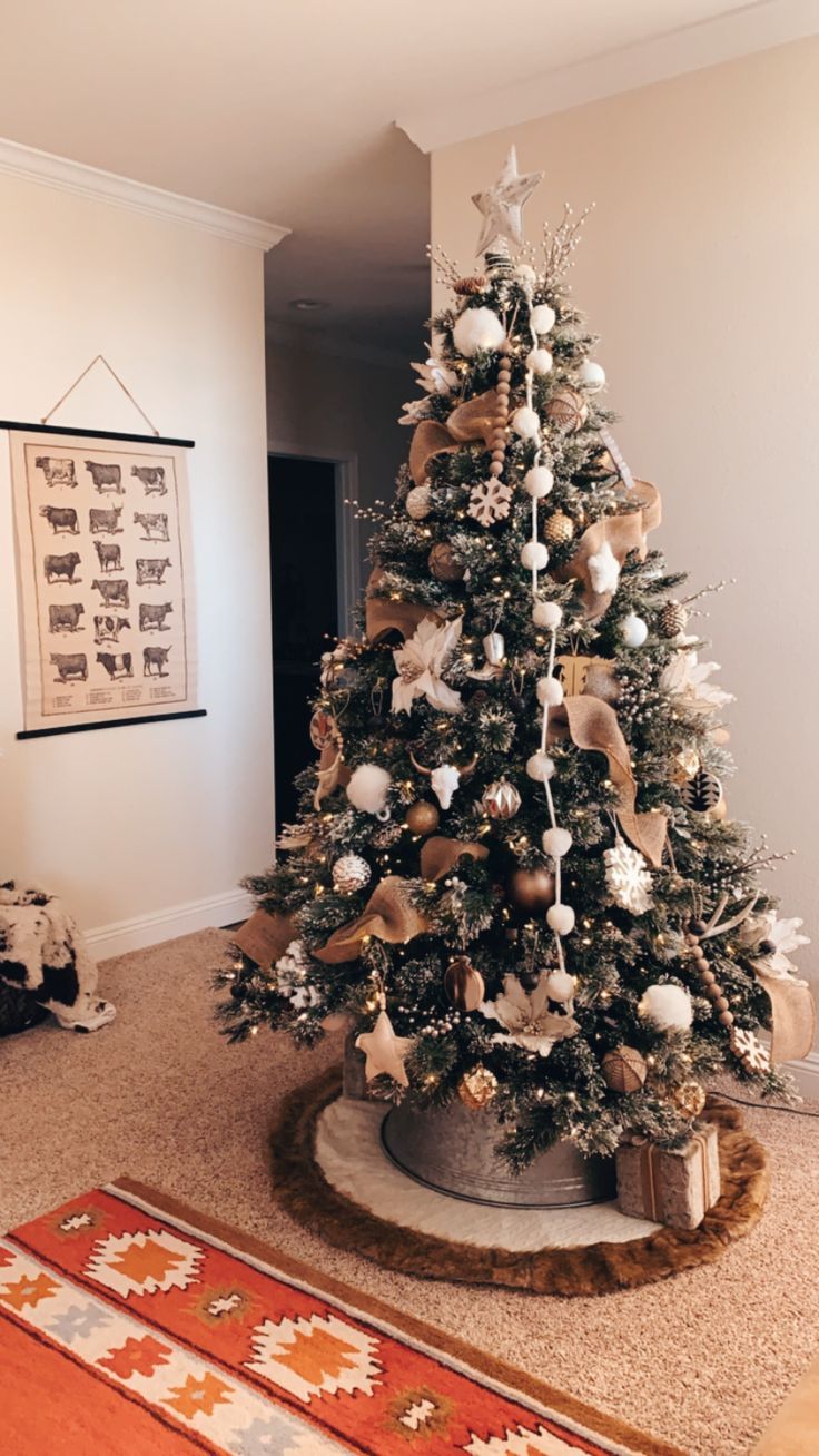 a decorated christmas tree in the corner of a living room with an orange and white rug