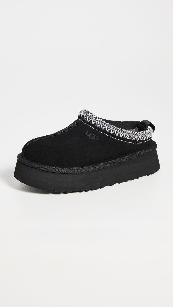 UGG Tazz Slippers | Shopbop Ugg Tazz Slippers, Ugg Platform Slippers, Tazz Slippers, Ugg Tazz, Black Platform Heels, Platform Slippers, Eva Sole, Sherpa Lined, Embossed Logo