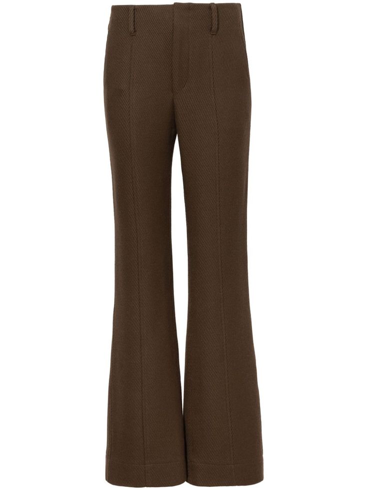 brown stretch-design twill weave concealed fly and button fastening flared belt loops two side inset pockets rear flap pocket straight hem Flare Slacks, Brown Mid-rise Flare Jeans With Pockets, High Rise Brown Cotton Flare Jeans, Vintage Brown Flare Bottoms, Brown Straight Leg Pants With Button Closure, Brown Fitted Luxury Pants, Brown Flare Pants, Brown Slacks, Brown Flares