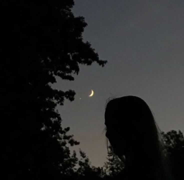 the silhouette of a woman's head in front of trees at night with a half moon behind her