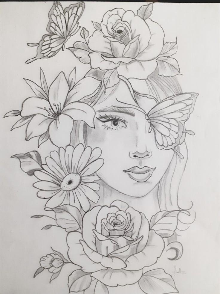 a pencil drawing of a woman with flowers in her hair and butterflies on her head