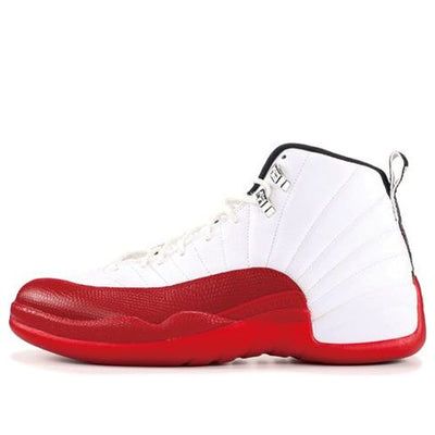 First released in 1997, the Air Jordan 12 Retro ‘Cherry’ 2009 is a retro of one of the most iconic basketball shoes of all time. Worn by Michael Jordan during his record-breaking fifth NBA Championship season, the shoe is just as popular today as it was over 20 years ago.  The white leather upper is accented by a Gym Red textured mudguard, which blends seamlessly into the black and red outsole. The heel features the numbers ‘23’ in white against a red backdrop, while the ribbed pattern in the middle of the outsole reveals a zig-zag design.  Whether you’re a die-hard Jordan fan or simply appreciate a classic sneaker. (SNKR/High Top/Colorblock/Basketball) Throwback Low-top Jordan Shoes For Basketball, Classic High-top Basketball Sneakers, White Basketball Shoes With Padded Tongue And Round Toe, White Jordan Shoes With Round Toe Throwback Style, White Throwback Jordan Shoes With Round Toe, Red Sneakers With Padded Tongue For Sneaker Matching, Throwback White Jordan Shoes With Boost Midsole, High-top Basketball Shoes With Padded Tongue, Jordan Basketball Shoes With Branded Insole