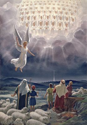 an angel is flying over the sheep in front of him with many people around him