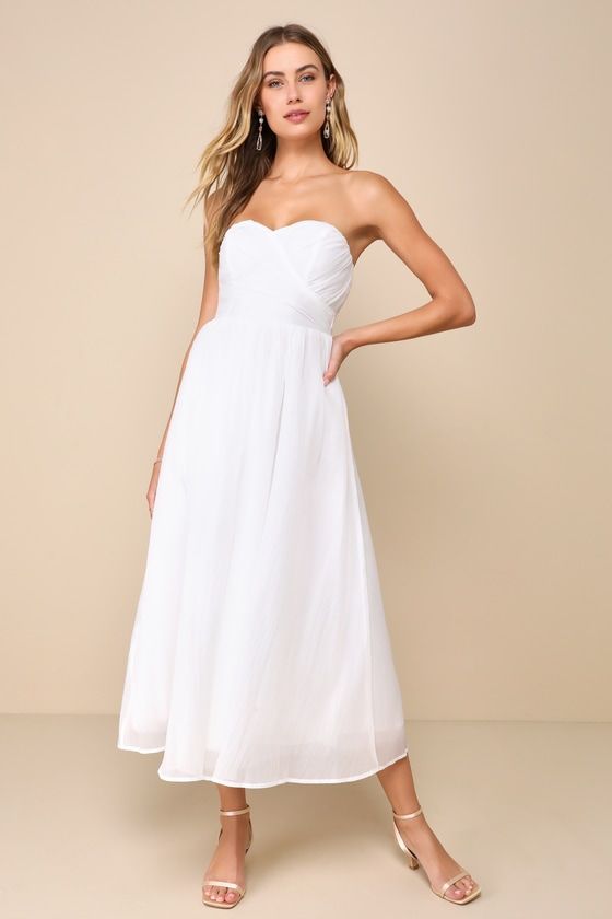 Fairytale Design White Organza Strapless A-Line Midi Dress Maxi Dress With Fitted Bodice And Sweetheart Neckline, Sweetheart Neckline Maxi Dress For Casual Wear, Flowy Dress With Smocked Bodice And Sweetheart Neckline, Flowy Midi Dress With Ruched Bodice, Summer Bridesmaid Midi Dress With Pleated Bodice, Strapless Bridesmaid Dress With Pleated Bodice, Ruched Maxi Dress With Sweetheart Neckline For Garden Party, White Strapless Dress With Pleated Bodice And Sweetheart Neckline, Bridesmaid Strapless Dress With Ruched Bodice