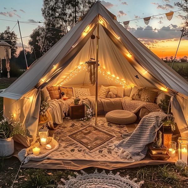 a tent with lights and pillows on the ground