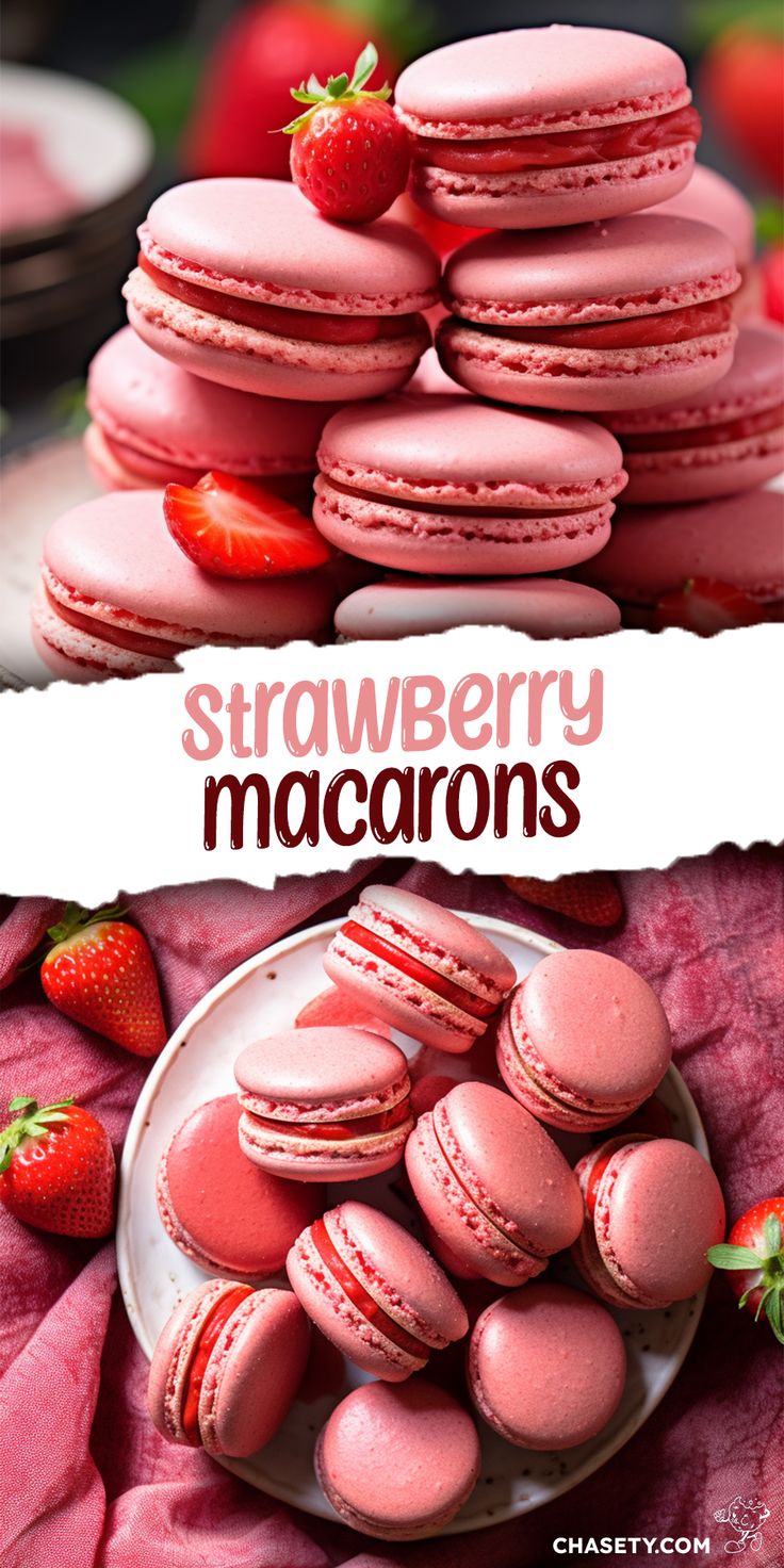 strawberry macarons are stacked on top of each other