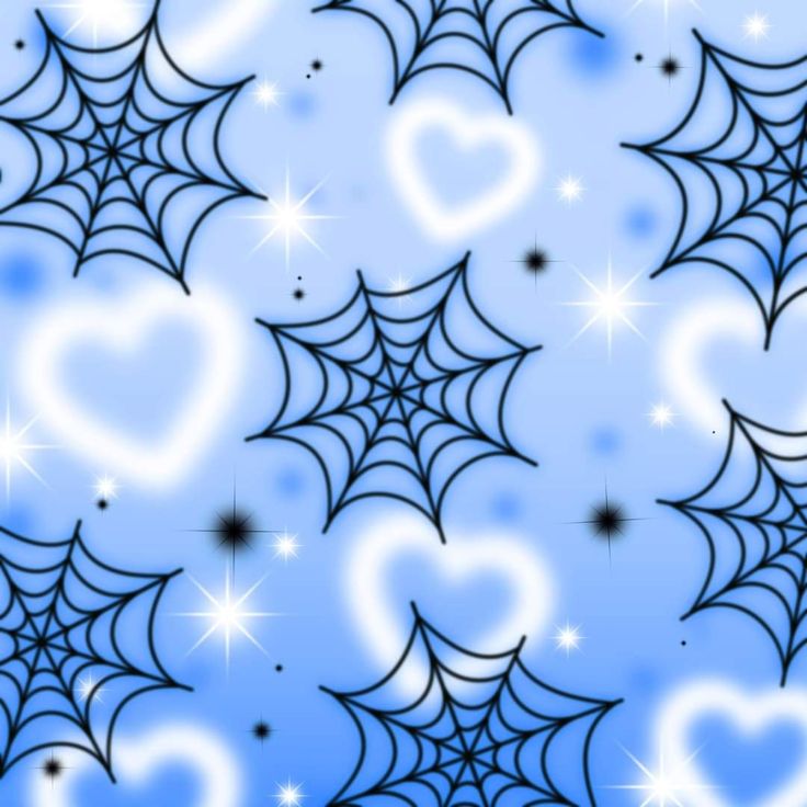 a blue background with hearts and spider webs