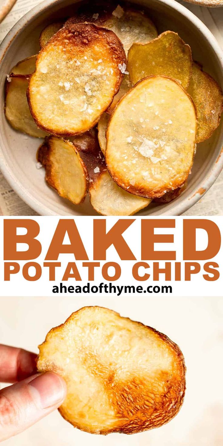 baked potato chips in a bowl with text overlay