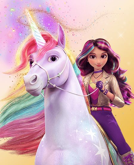 a girl riding on the back of a white unicorn with pink hair and purple pants