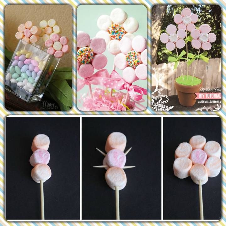 there are four different pictures of marshmallows on the stick and one is pink