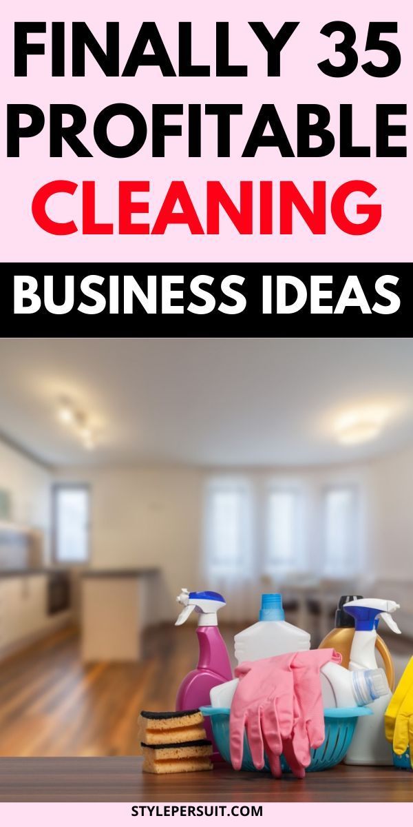 cleaning supplies on top of a wooden table with the words, finally 35 profitable cleaning business ideas