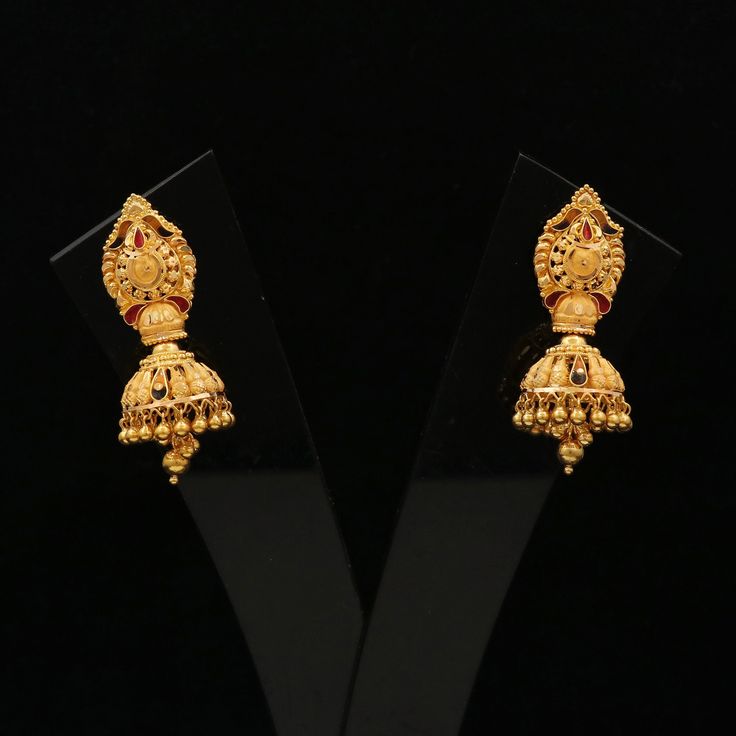 Beautiful yellow gold earrings Gold Purity- 22k yellow Gold Length - 3.9 cm Width - 1.4 cm Weight - 8.56 grams approx Yellow Gold Meenakari Jhumkas For Diwali, 22k Gold Jhumkas For Ceremonial Navratri, Yellow Gold Jhumkas With Latkans For Wedding, Navratri Yellow Gold 22k Jhumkas, Yellow Gold Jhumkas For Wedding And Festivals, Festive 22k Gold Jhumkas For Ceremonial Occasions, Festive 22k Gold Jhumkas, Ceremonial 22k Gold Jhumkas For Festive Occasions, Traditional Yellow Gold Jhumkas For Wedding