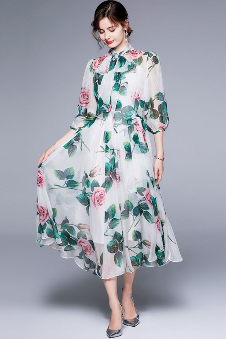 Runway Fashion Boho Chiffon Dress Bow-Neck, Lantern Sleeve, Floral Print Holiday, Cocktail, Party Women's Dress SIZE GUIDE (CM) Size Bust Waist Sleeve Shoulder Length S 86 / 45 / 123 M 90 / 46 / 124 L 94 / 47 / 125 XL 98 / 48 / 126 XXL 102 / 49 / 127 Spring Flowy Chiffon Dress, Flowy Chiffon Spring Dress, Spring Beach Chiffon Dress In Georgette, Floral Print Long Sleeve Chiffon Dress In Georgette, Summer V-neck Georgette Chiffon Dress, Elegant Summer Georgette Midi Dress, Summer V-neck Georgette Dress, Elegant Chiffon Floral Beach Dress, Elegant Beach Floral Chiffon Dress