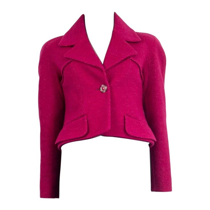 100% authentic Chanel 2018 cropped wool jacket in raspberry pink wool (67%) and cotton (33%). Comes with raglan sleeves (measurements taken from the neck) and two faux flap pockets on the front. Opens with a raspberry pink button on the front. Lined in silk (100%). Has been worn and is in excellent condition. Measurements Tag Size 36 Size XS Bust 84cm (32.8in) to 98cm (38.2in) Waist 82cm (32in) to 88cm (34.3in) Hips 88cm (34.3in) to 98cm (38.2in) Length 48cm (18.7in) Sleeve Length 67cm (26.1in) All our listings include only the listed item unless otherwise specified in the description above. Designer Long Sleeve Pink Blazer, Elegant Pink Long Sleeve Cropped Jacket, Classic Pink Wool Outerwear, Pink Wool Blazer For Workwear, Pink Wool Blazer For Work, Pink Fitted Wool Outerwear, Pink Long Sleeve Wool Blazer, Fitted Pink Wool Outerwear, Fitted Wool Cropped Jacket For Spring