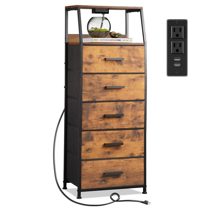 a tall wooden dresser sitting next to an outlet