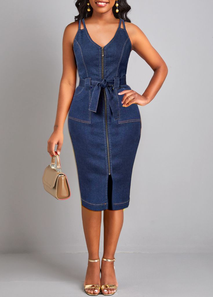 Zipper Belted V Neck Denim Bodycon Dress Blue Denim Dress With Back Zipper, Denim Blue Dresses With Zipper Closure, Denim Blue Denim Dress With Zipper Closure, Denim Blue Dress With Zipper Closure, Denim Dress With Zipper Closure, Denim Blue Denim Dress With Back Zipper, Denim Blue Dress With Back Zipper, Blue Denim Dress With Zipper Closure For Spring, Mini Denim Dress With Zipper Closure