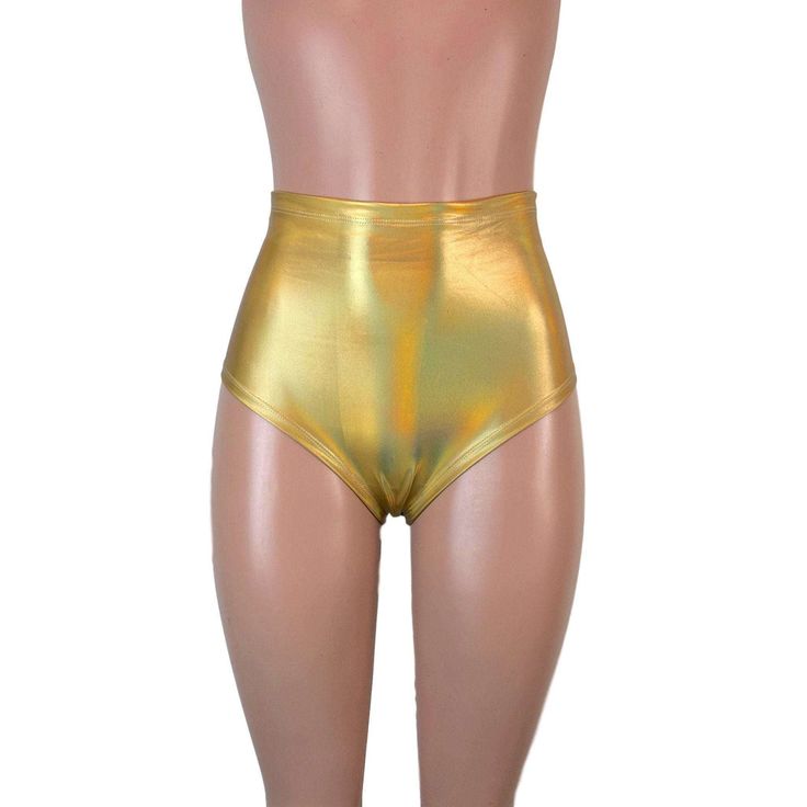 Our classic high waist hot pants with scrunch ruching detail in back to offer a "cheekier" look. These hot pants are made of stretchy gold opal holographic spandex and sit high on your natural waist. Wear as a bikini bathing suit bottom, panties, rave shorts, running shorts, etc. They have a built in liner and are made to be flattering to your figure. Fitted Shiny Shorts For Summer, Gold Fitted Bottoms For Club Wear, Fitted Shiny Metallic Bottoms, Gold Fitted Bottoms For Club, Fitted Metallic Shiny Bottoms, Fitted Gold Bottoms For Club Wear, Shiny Stretch Bottoms For Summer, Metallic Shiny Bottoms For Club, Gold Stretch Shiny Bottoms