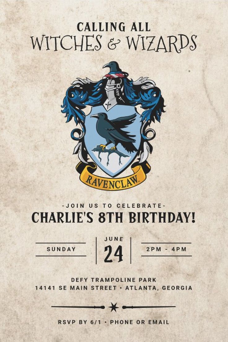 Harry Potter Birthday | Ravenclaw Invitation
Celebrate your child's birthday with these Ravenclaw Crest Birthday Invitations! Whether they're in Gryffindor, Slytherin, Hufflepuff, or Ravenclaw, your child and their friends can celebrate together with the Hogwarts School of Witchcraft and Wizardry Crest. Don't forget to send out the matching Ravenclaw Crest thank you notes! Harry Potter Birthday Invitations, Harry Potter Invitations, Unique Birthday Ideas, Harry Potter Theme Birthday, Cumpleaños Harry Potter, Gryffindor Slytherin, Diy Birthday Invitations, School Of Witchcraft, Harry Potter Kids