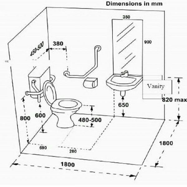 a bathroom with measurements for the toilet and sink