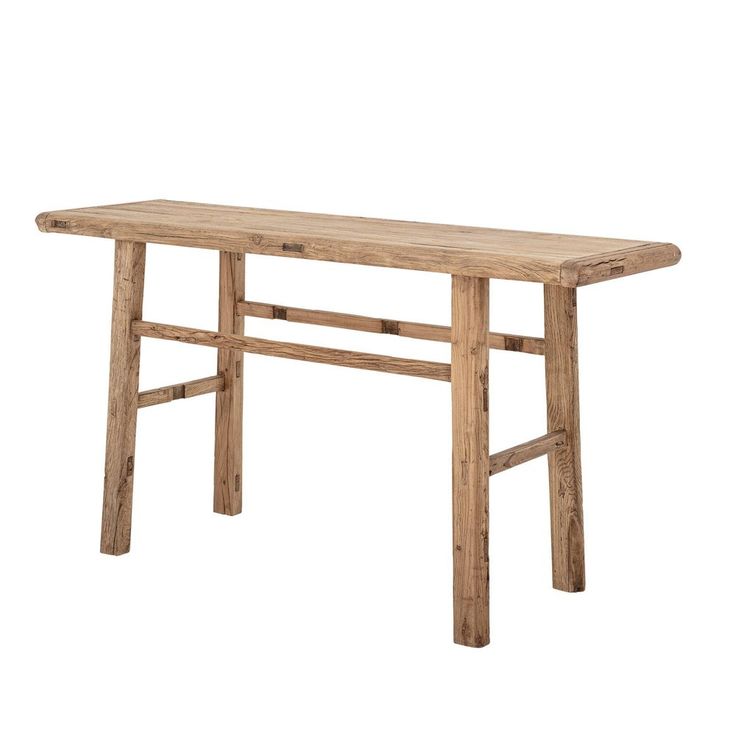 a wooden table with two legs and a long, narrow top on an isolated white background