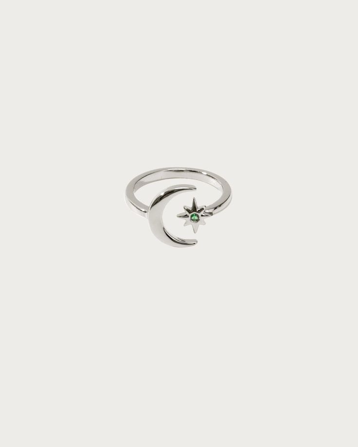 Materials: platinum plated brass, white cz stone Adjustable to fit size 5-8 with an open hoop En Route Jewelry, Moon Ring, Star Moon, Cz Stone, Platinum, Stars, Stone, Silver, Gold