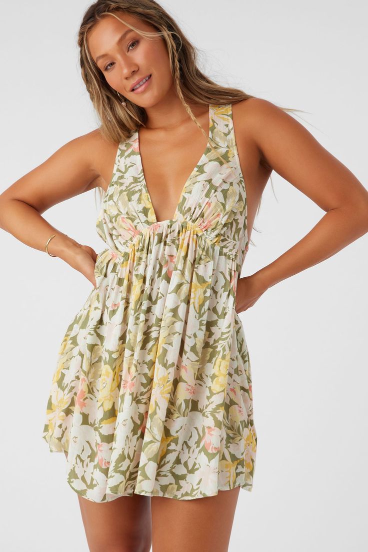 Cute and flowy cover-up dress to elevate your beach look. It features an allover print design and deep v-neckline. O'Neill Women's woven cover-up dress Mini length Lightweight feel Allover print 100% Viscose | O'Neill Women's Sarah Veda Floral Cover-Up Tunic in Oil Green, Size XS, Viscose Summer Floral Print Beach Cover-up, Flowy Floral Print Beachwear Cover-up, V-neck Floral Print Beach Cover-up, Beach Cover-up Mini Dress With Floral Print, Floral Print Sleeveless Beach Cover-up Swimwear, Suits Series, Pants Shirt Men, Girl Beanie, Loungewear Dresses