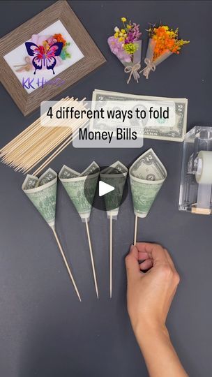 four different ways to fold money bills on toothpicks with text overlay that reads 4 different ways to fold money bills