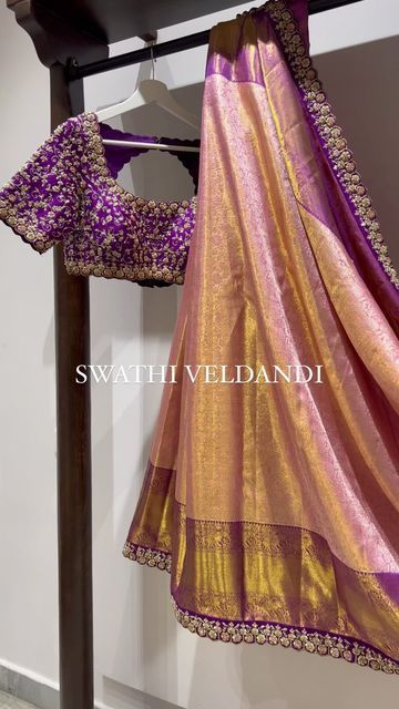 Latest Blouse Maggam Designs, New Wedding Saree Collection, Wedding Blouses Designs, Pelli Saree Indian Weddings, Pattu Bridal Sarees, Bridal Saree Designs Latest, Sarees For Wedding Brides, Half Saree Blouse Maggam Work, Purple And Gold Saree