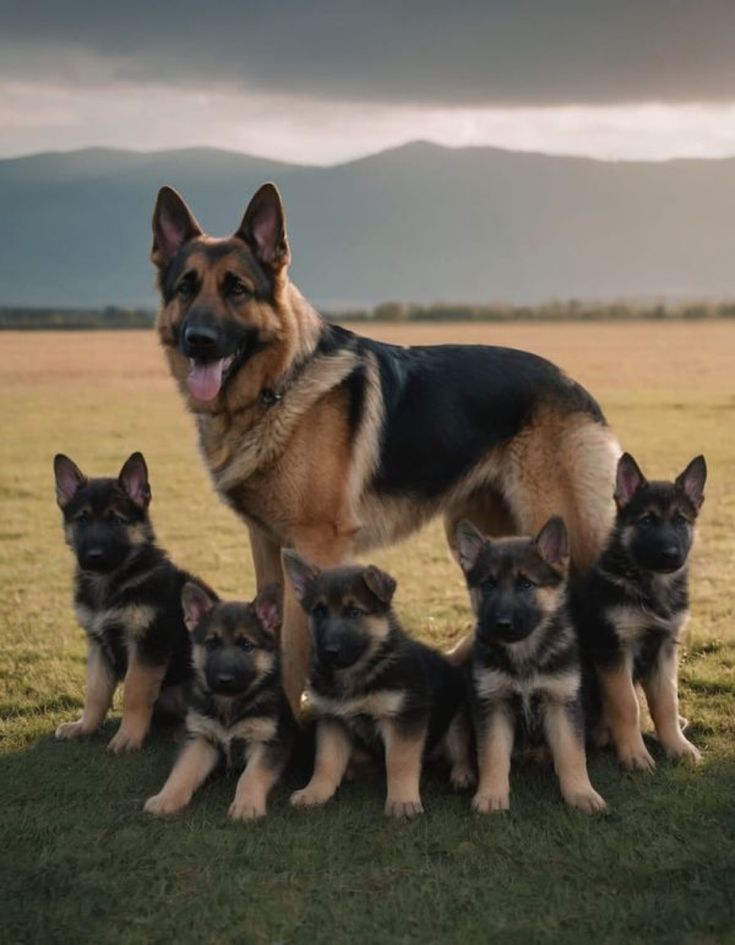 a german shepherd dog standing with her puppies in a grassy field under a cloudy sky