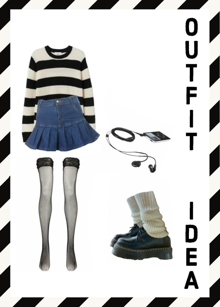 Ꮺ : striped sweater, denim skirt, black stockings, platform shoes with leg warmers and earphones for the last touch. Shoes With Leg Warmers, Denim Skirt Black, Casual Outfit Idea, Black Stockings, Denim Style, Striped Sweater, Outfit Idea, Skirt Black, Platform Shoes