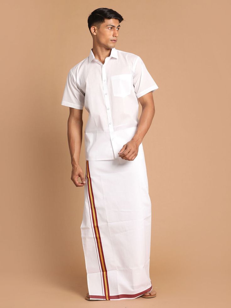 Vastramay Men's White Cotton Blend Shirt And Mundu Set White Cotton Traditional Formal Wear, Formal White Cotton Traditional Wear, Semi-formal Cotton Traditional Wear, White Traditional Semi-formal Wear, White Semi-formal Traditional Wear, Traditional Cotton Semi-formal Sets, Traditional Cotton Sets For Semi-formal Occasions, Traditional White Short Sleeve Sets, Hot Outfits