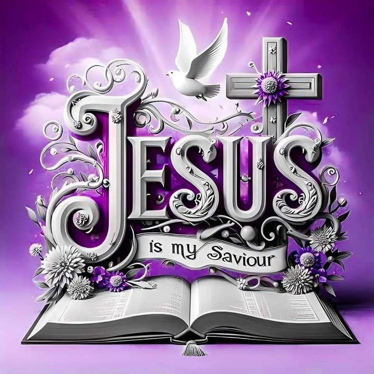 an open book with the words jesus is my savour on it and a cross above