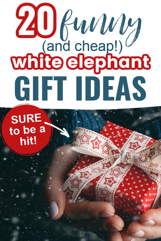 a person holding a present with the words 20 funny and cheap white elephant gift ideas sure to be a hit